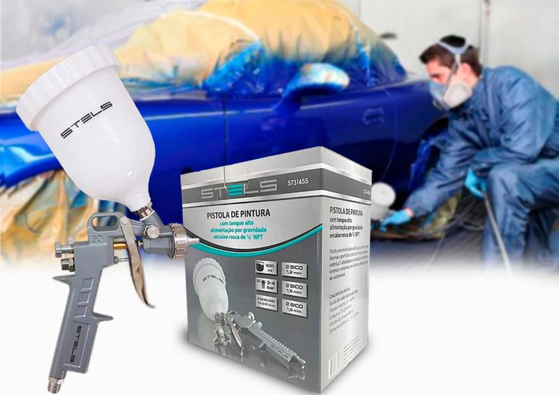 Pistola Pintura Gravidade 600ml Stels + Kit De Engate Rápido